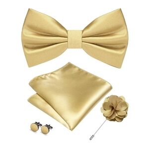 Bow Tie and Pocket Square with Lapel Pin Cufflinks Set 4PCS Gold